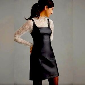 Maeve Anthropologie Black Faux Leather Square Neck Mini Dress Sz UK 4/US 0